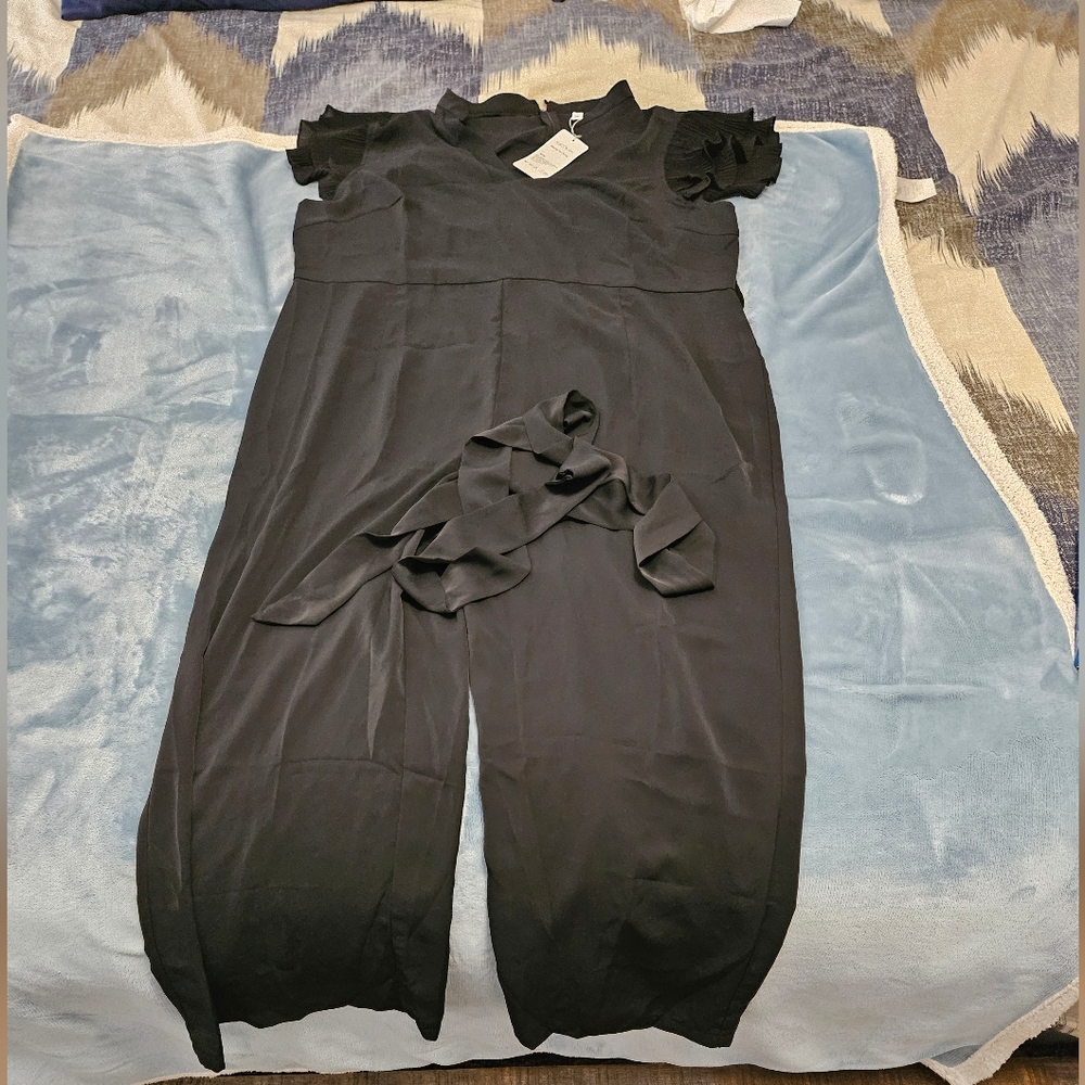 Women's Ruffle Sleeve Belted Jumpsuit - Picture 9 of 11